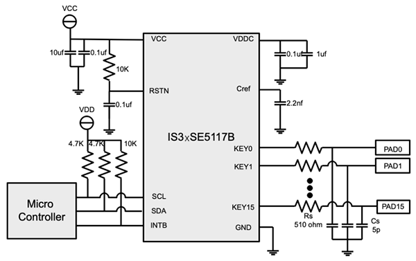 Application Circuit Diagram - Lumissil IS3xSE5117B Programmable Capacitive Touch Sensors